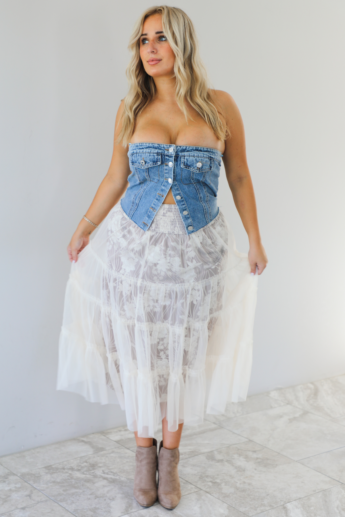 Beautiful Moment Smocked Corset: Denim