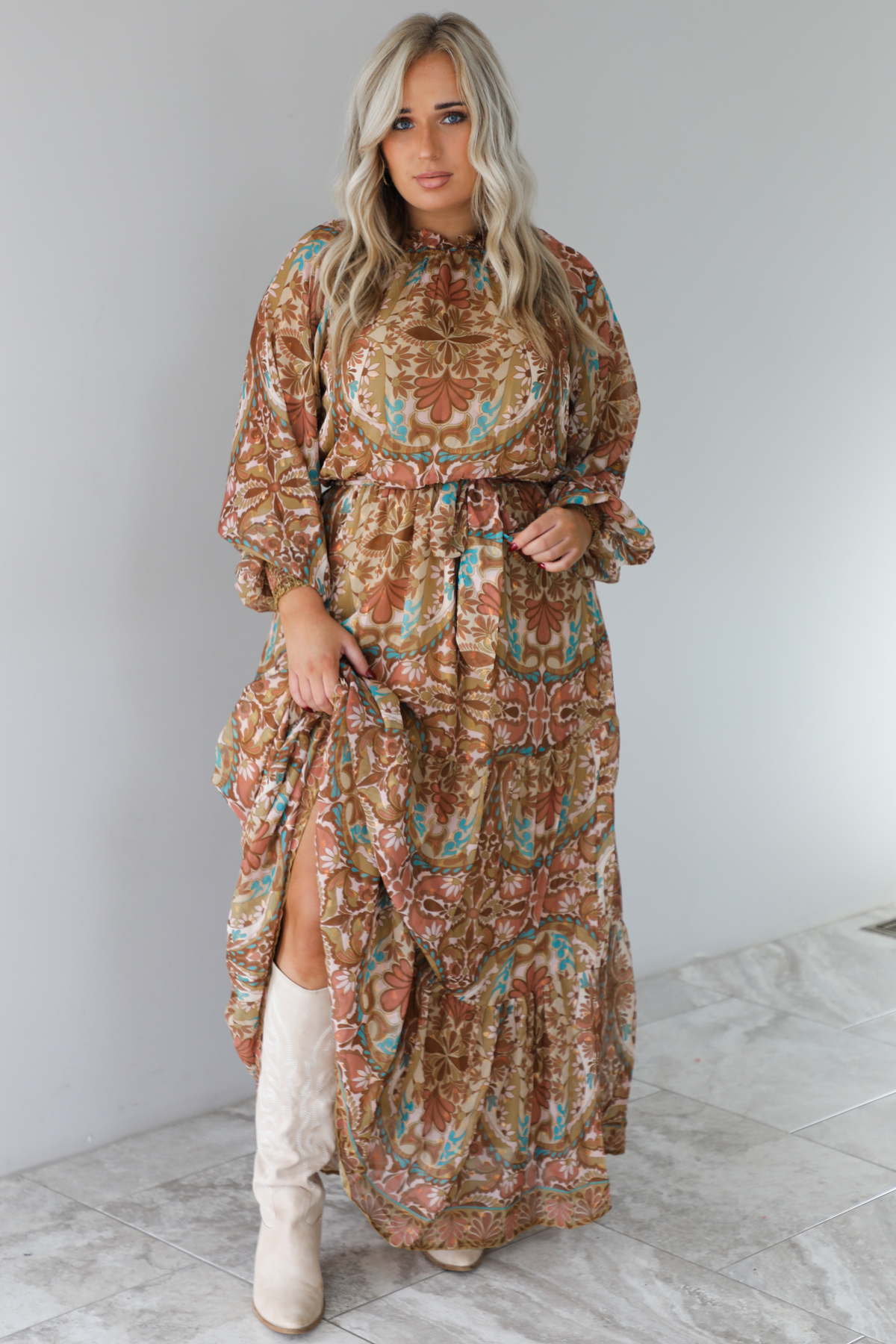 Charming Glance Maxi Dress: Caramel/Multi