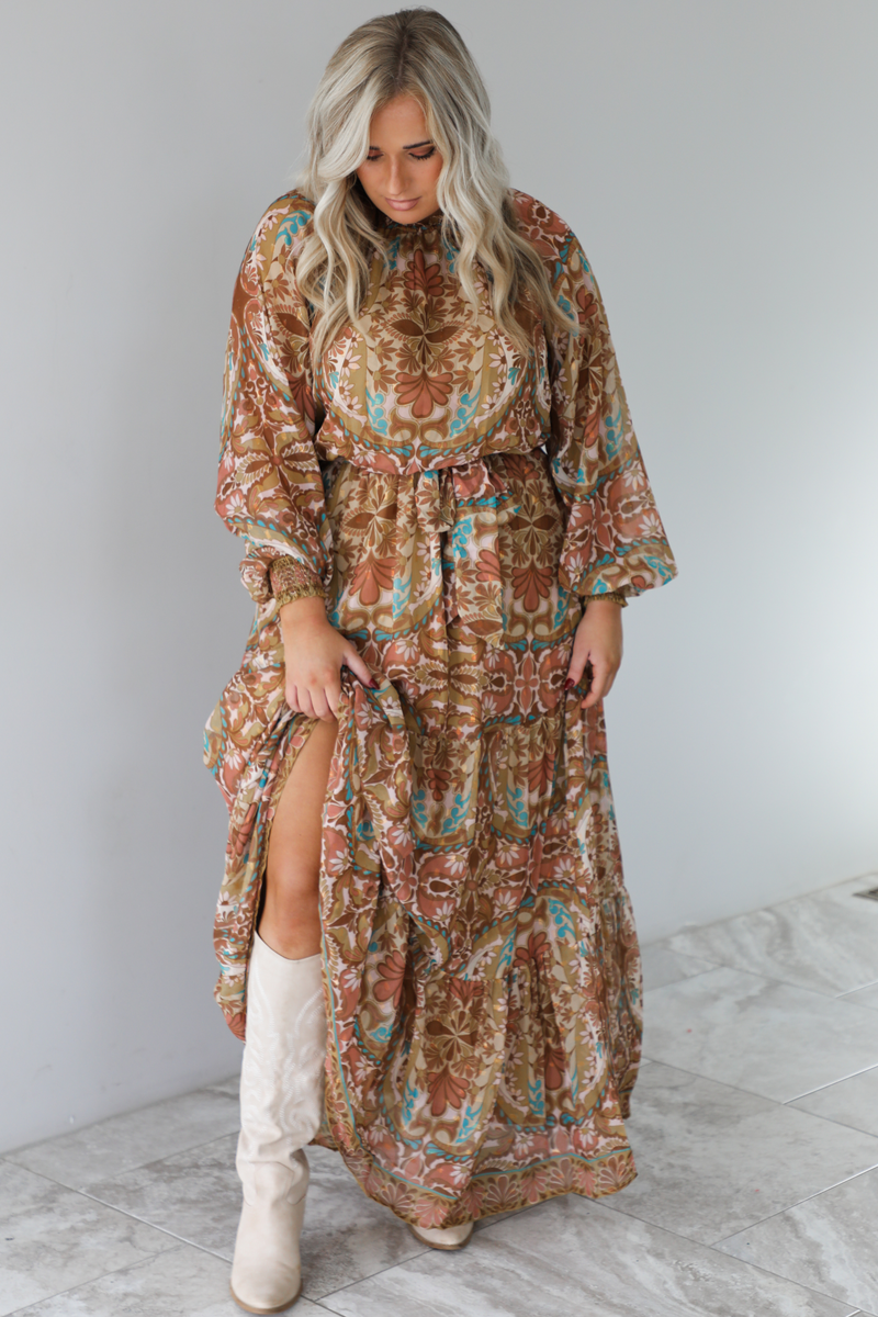 Charming Glance Maxi Dress: Caramel/Multi