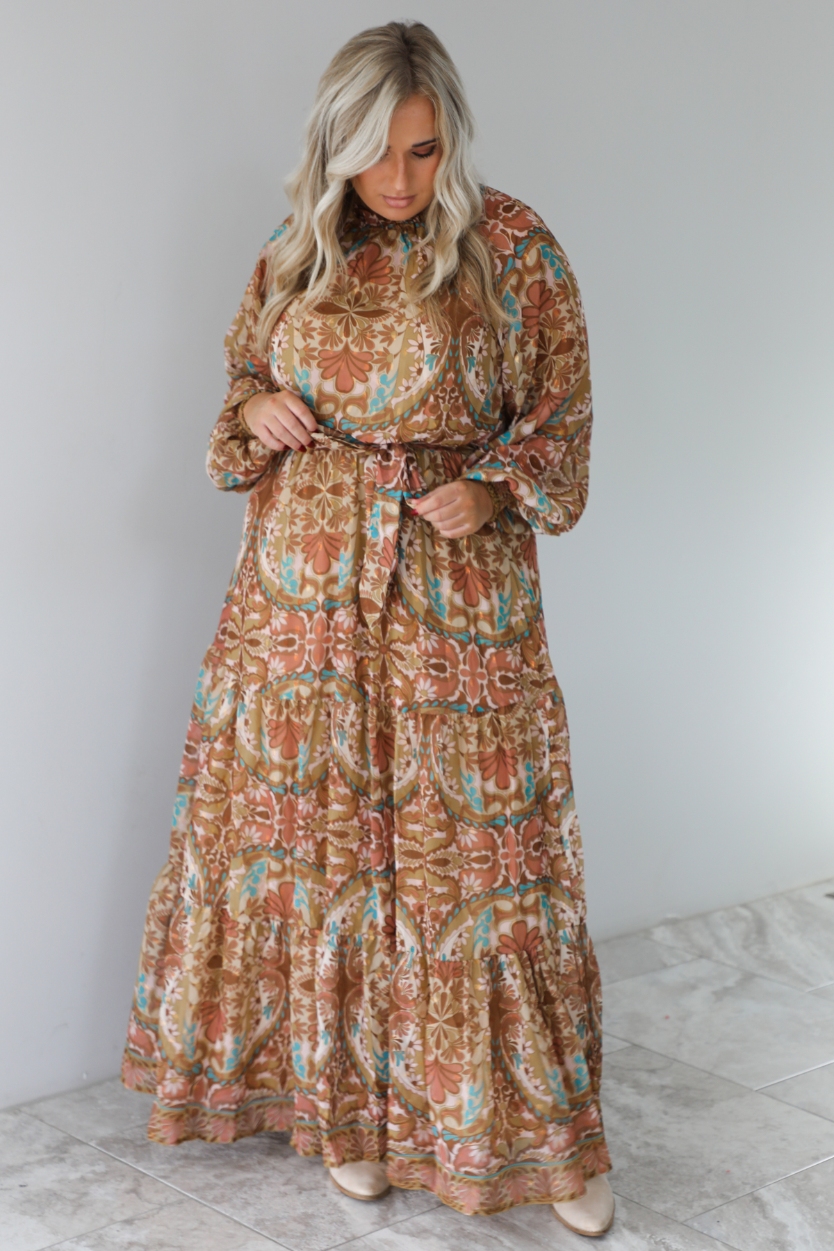 Charming Glance Maxi Dress: Caramel/Multi