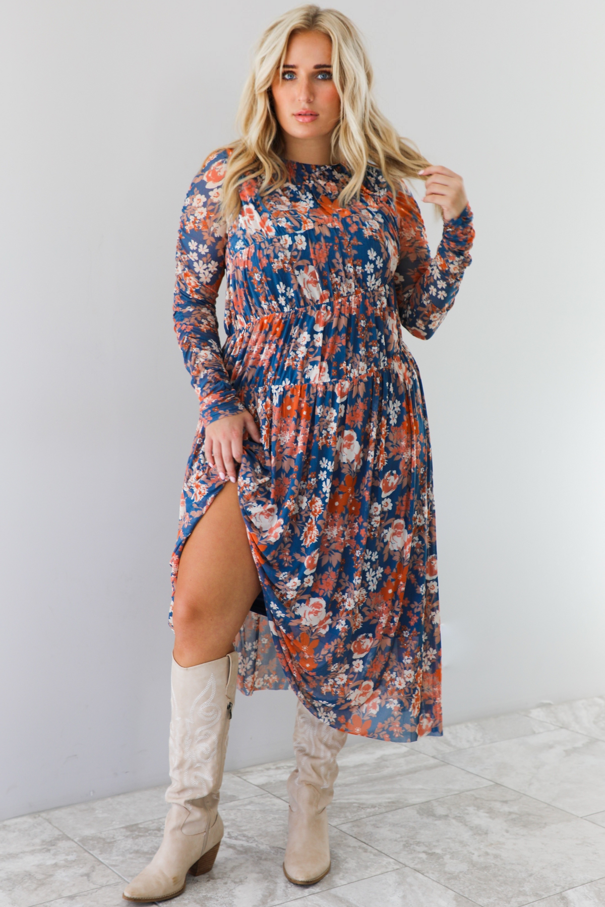 Fall Stroll Midi Dress: Navy/Multi Floral