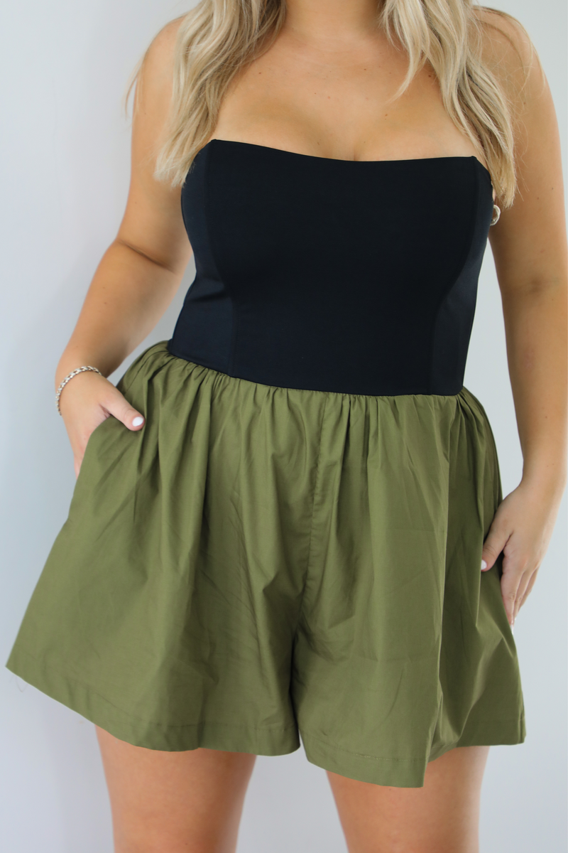 RESTOCK: Going Places Romper: Green/Black