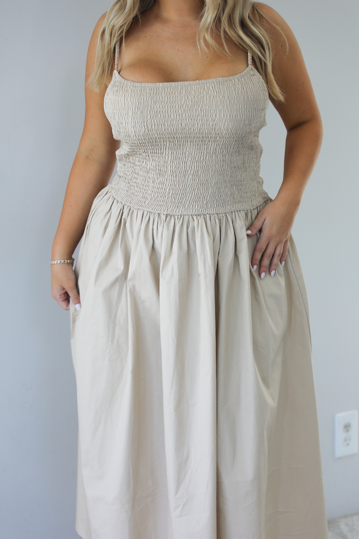 Ocean Mist Smocked Midi Dress: Tan