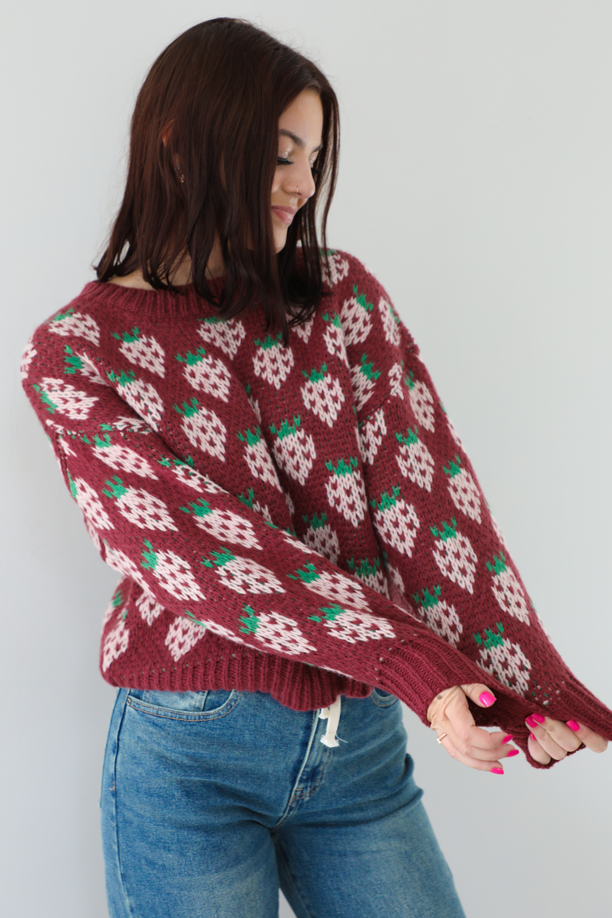 Strawberry Sweetie Sweater: Wine/Multi