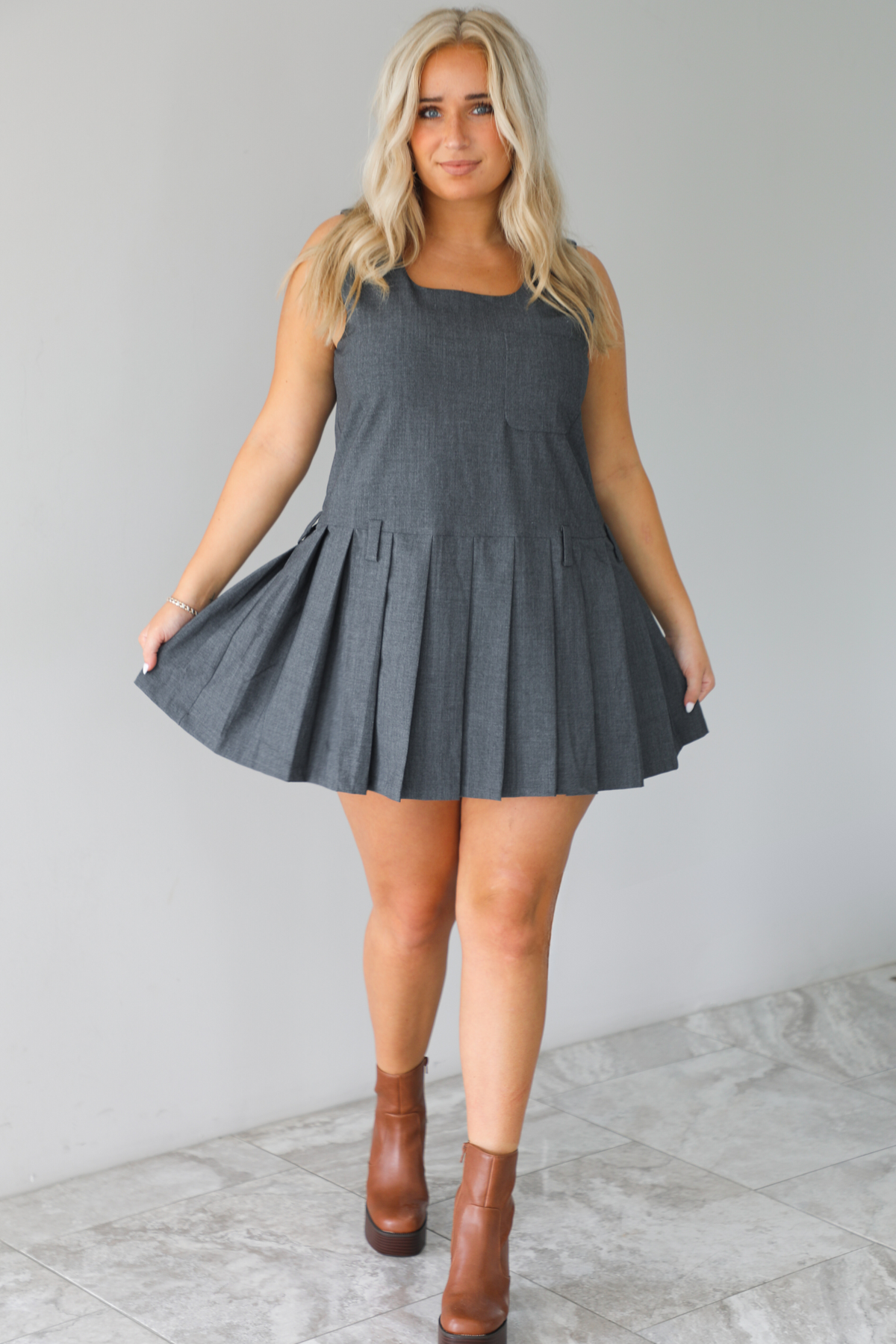 RESTOCK: Wise Decisions Mini Dress: Charcoal