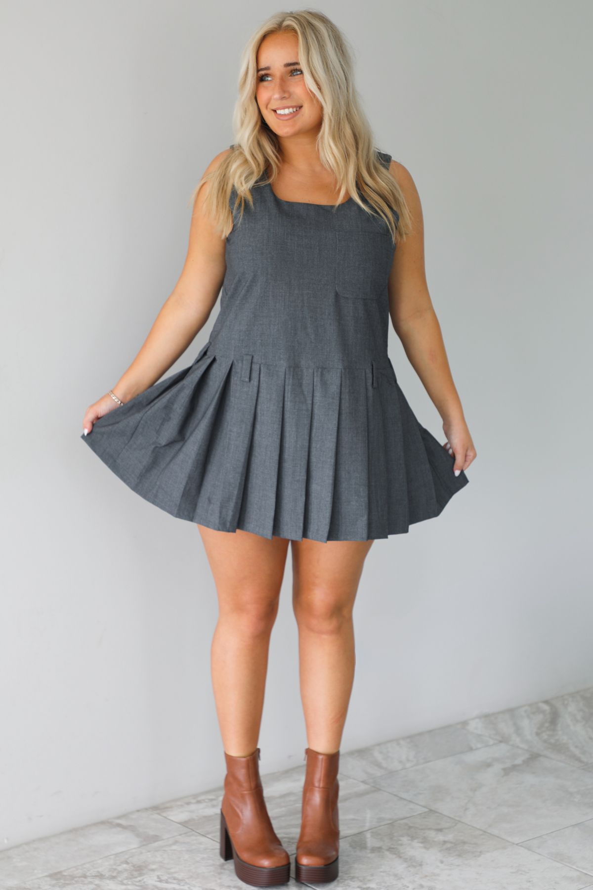 RESTOCK: Wise Decisions Mini Dress: Charcoal