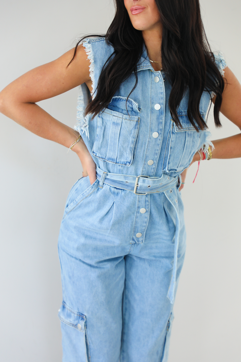 King Street Belted Cargo Overalls: Denim