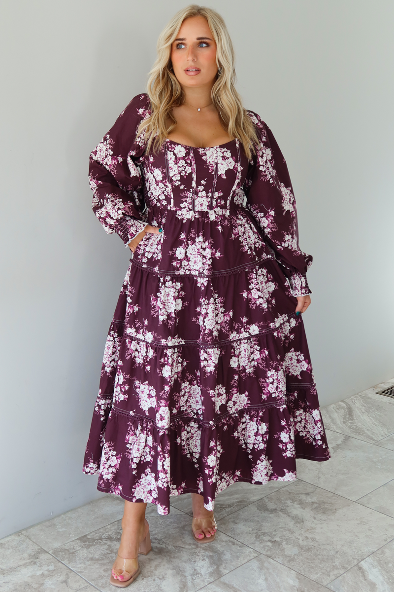 Fall Stroll Maxi Dress: Burgundy/Multi