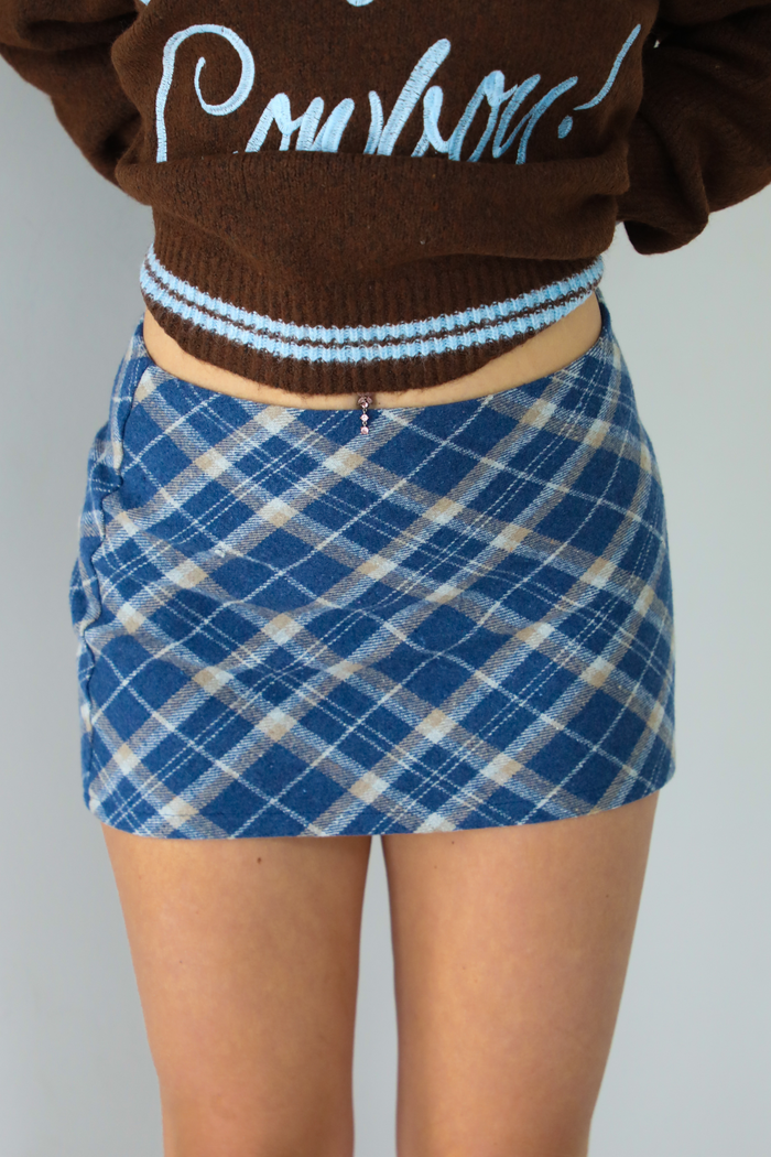 Coffee Shop Cuddles Knit Skirt: Blue Plaid