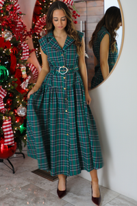 Mrs. Claus Midi Dress: Green/Plaid