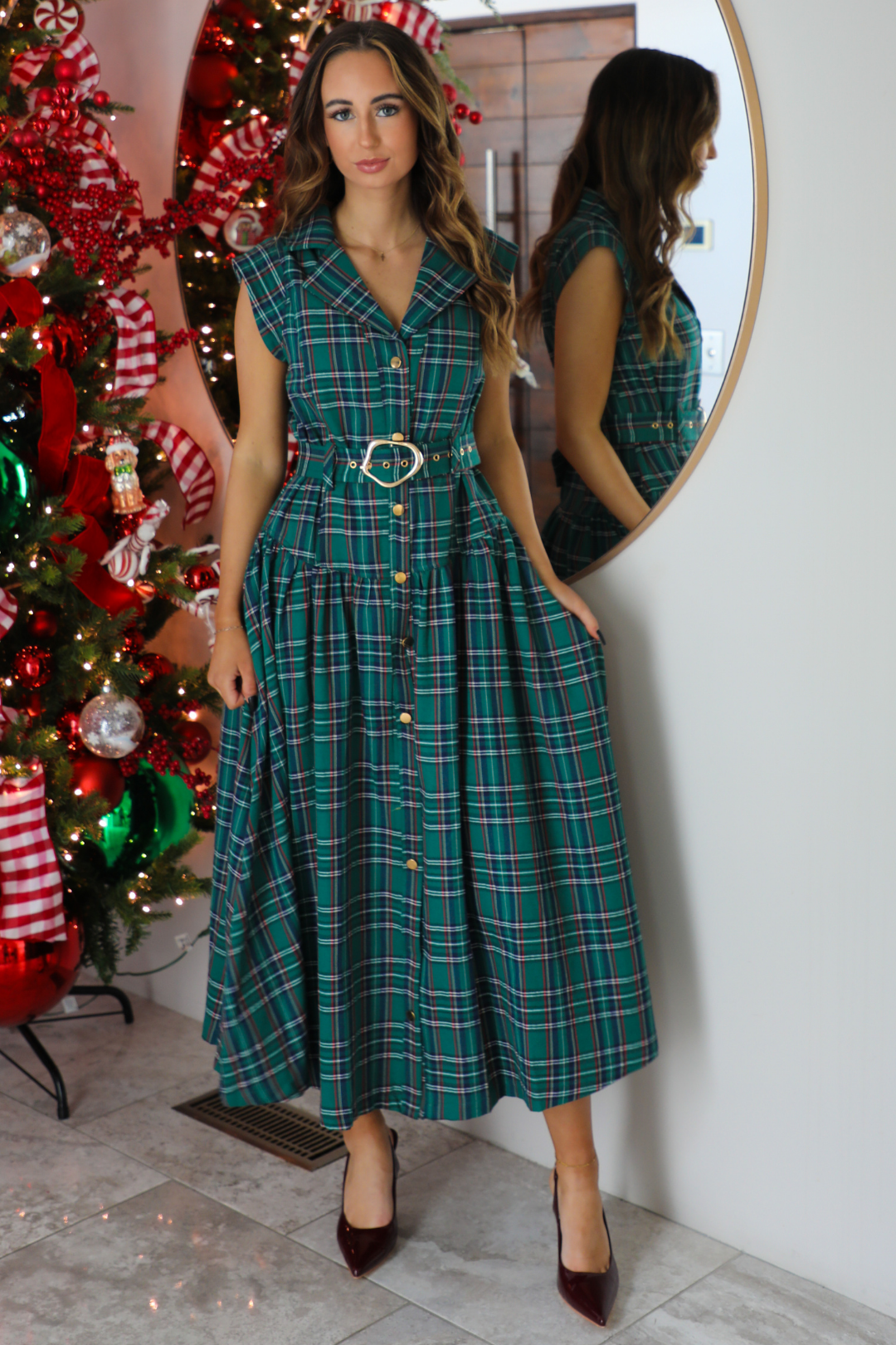 Mrs. Claus Midi Dress: Green/Plaid