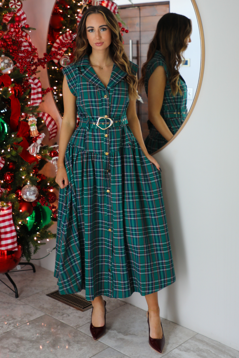 Mrs. Claus Midi Dress: Green/Plaid