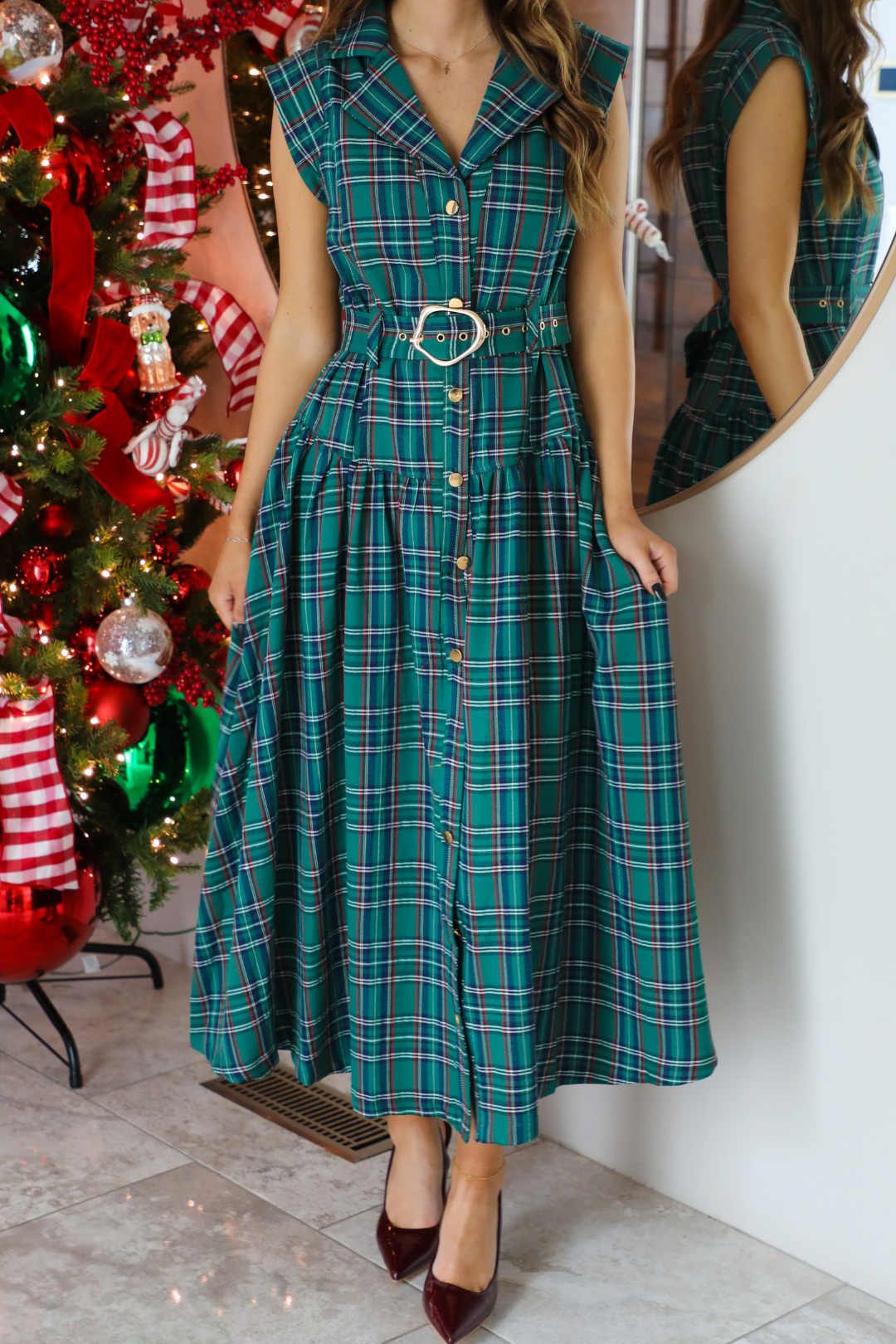 Mrs. Claus Midi Dress: Green/Plaid